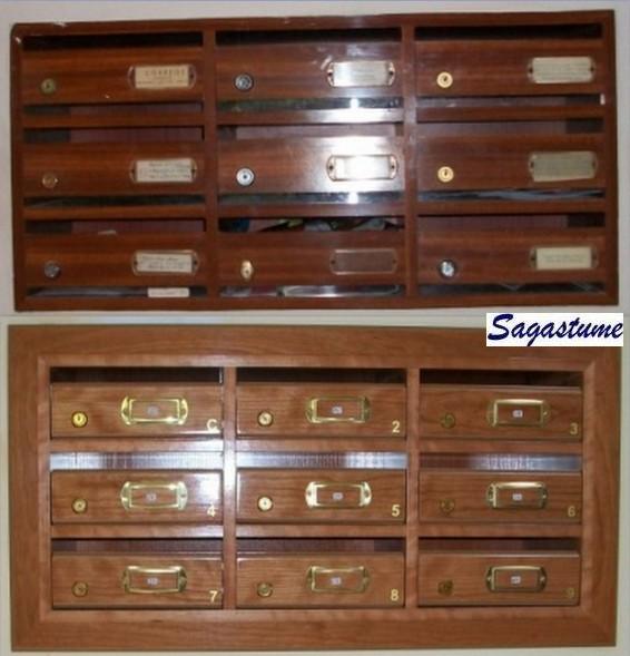 Antes y después de una comunidad de propietarios - Se sustituyen unos buzones de madera muy antiguos que estaban hechos a medida, por unos buzones con cuerpo y puerta de madera de Cerezo. Apertura lateral. Tamaño revistero.