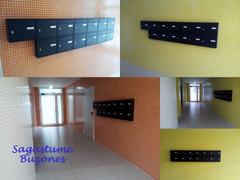 Fotografías de distintas instalaciones realizadas en Bilbao de buzon Modelo Paisaje de BTV - Buzón de superficie con cuerpo y puerta en color Negro. Apertura lateral.