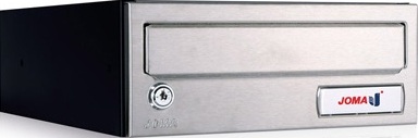 Buzón de interior y exterior, de Joma Modelo Kompact H-270 con cuerpo de color NEGRO y puerta de ACERO INOXIDABLE MATE. Tamaño revistero. Apertura lateral