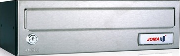 Buzón de interior y exterior, de Joma Modelo Kompact H-360 con cuerpo de color NEGRO y puerta de ACERO INOXIDABLE MATE. Tamaño revistero. Apertura lateral